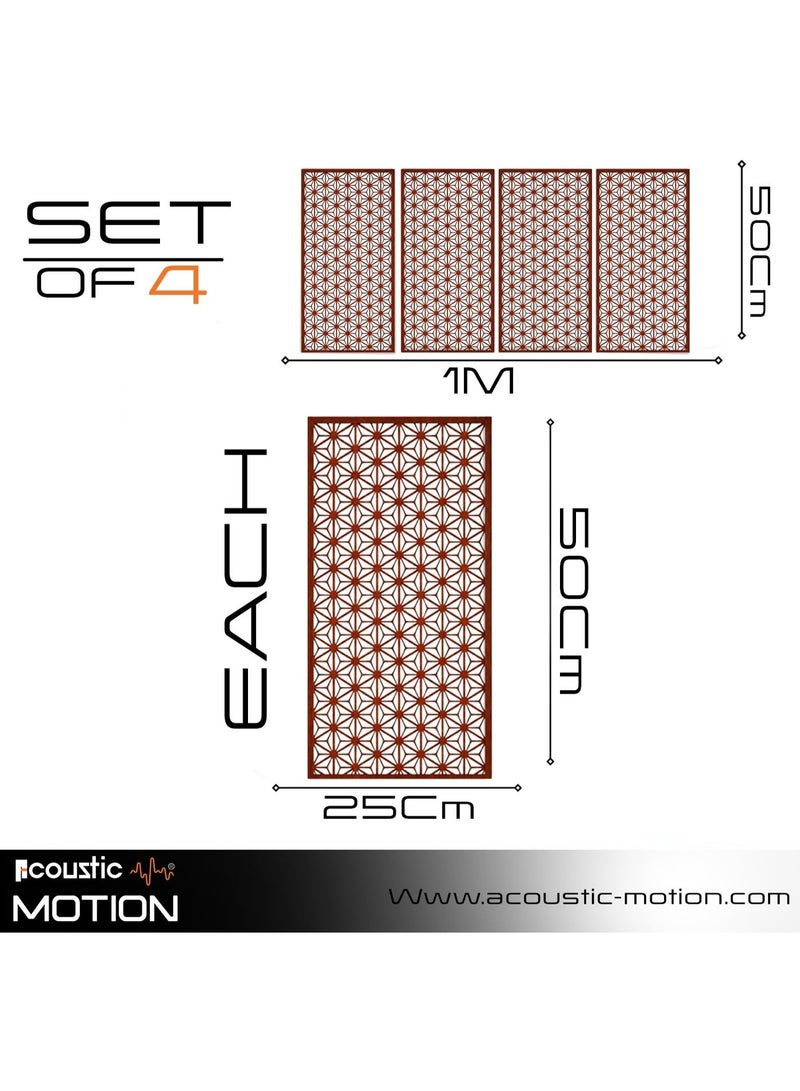 أكويستك موشان لوحات جدارية خشبية من خشب MDF من ACOUSTIC MOTION®، بتصميم GEOTRI مع شريط لاصق مزدوج الوجه، لون بني محمر عصري، مناسبة للمنزل، غرفة المعيشة، غرفة النوم، المكتب والفندق، 25×50×0.5 سم، طقم من 4 قطع - Image 2